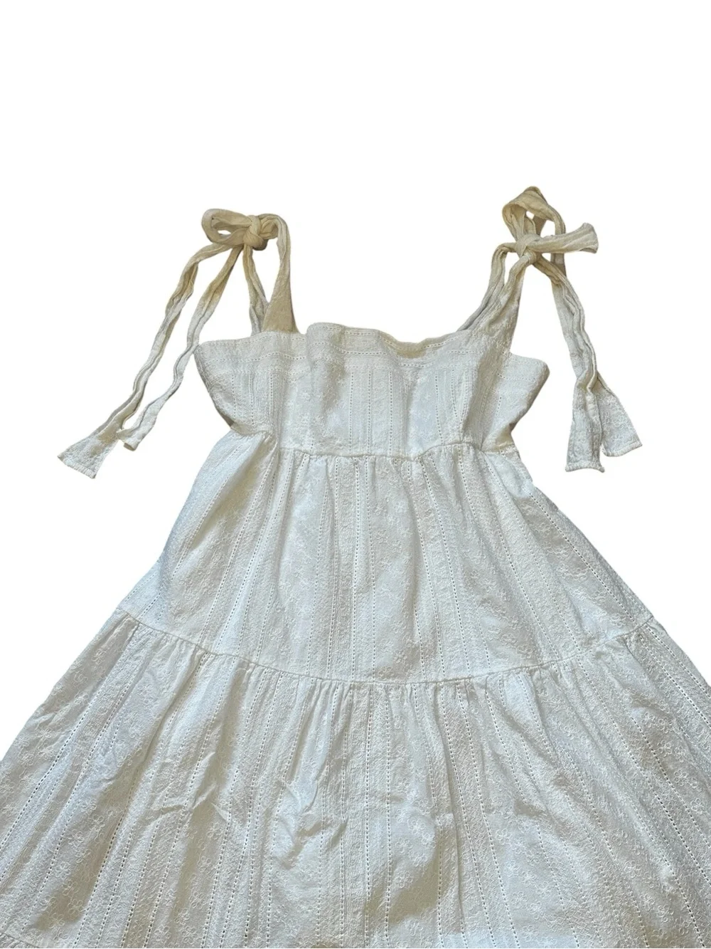 O.P.T White Cotton Tiered Midi Dress Tie Straps Embroidered Cottagecore Summer - Picture 4 of 5